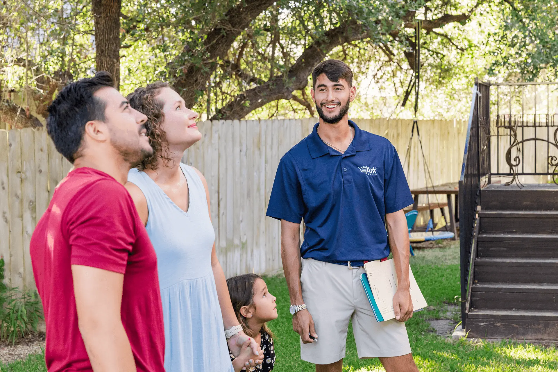Ark manager reviewing completed rodent repair with a Pflugerville family
