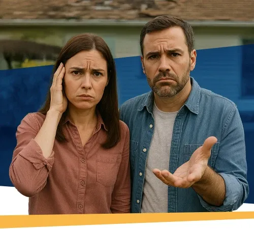 Worried homeowners standing in front of a storm-damaged roof