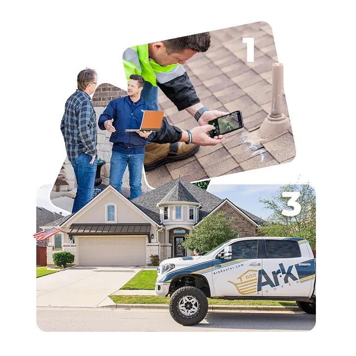 Ark Roofer inspecting a roof, meeting with a homeowner, and a branded truck at a Central Texas home
