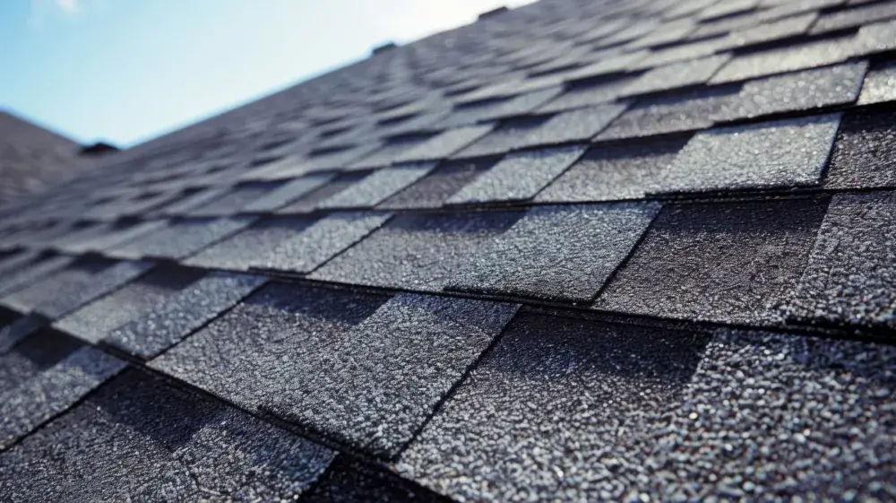 Close-up of an asphalt shingle roof against a bright sky