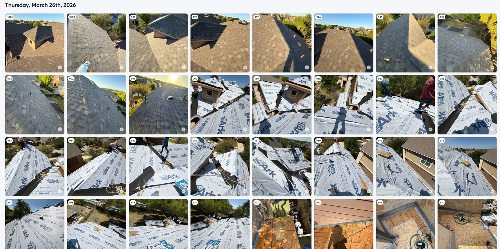 A dated photo log of an Ark Roofer inspection, showing dozens of numbered roof photographs