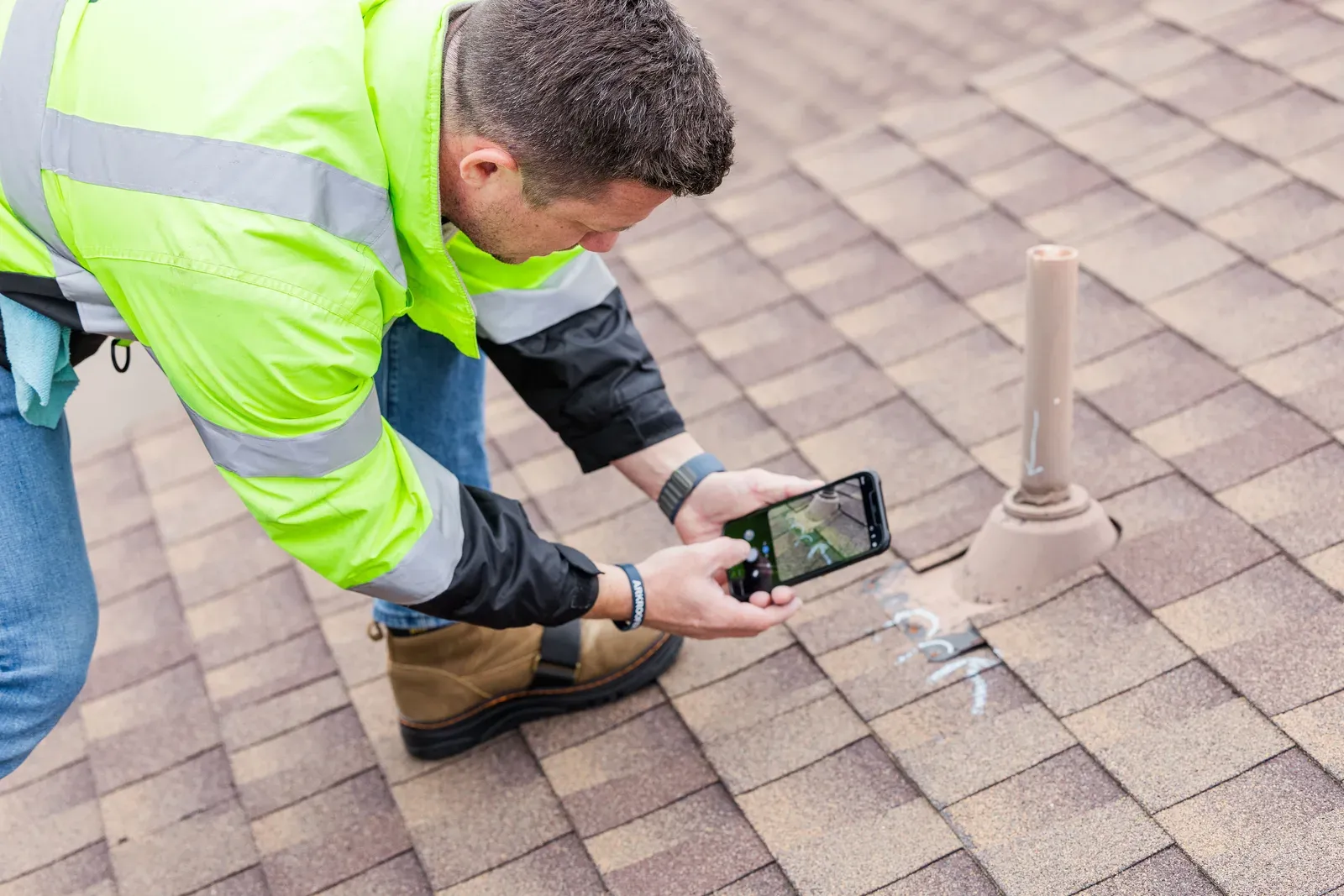 An Ark Roofer inspector photographing a marked vent boot during a roof walk-around