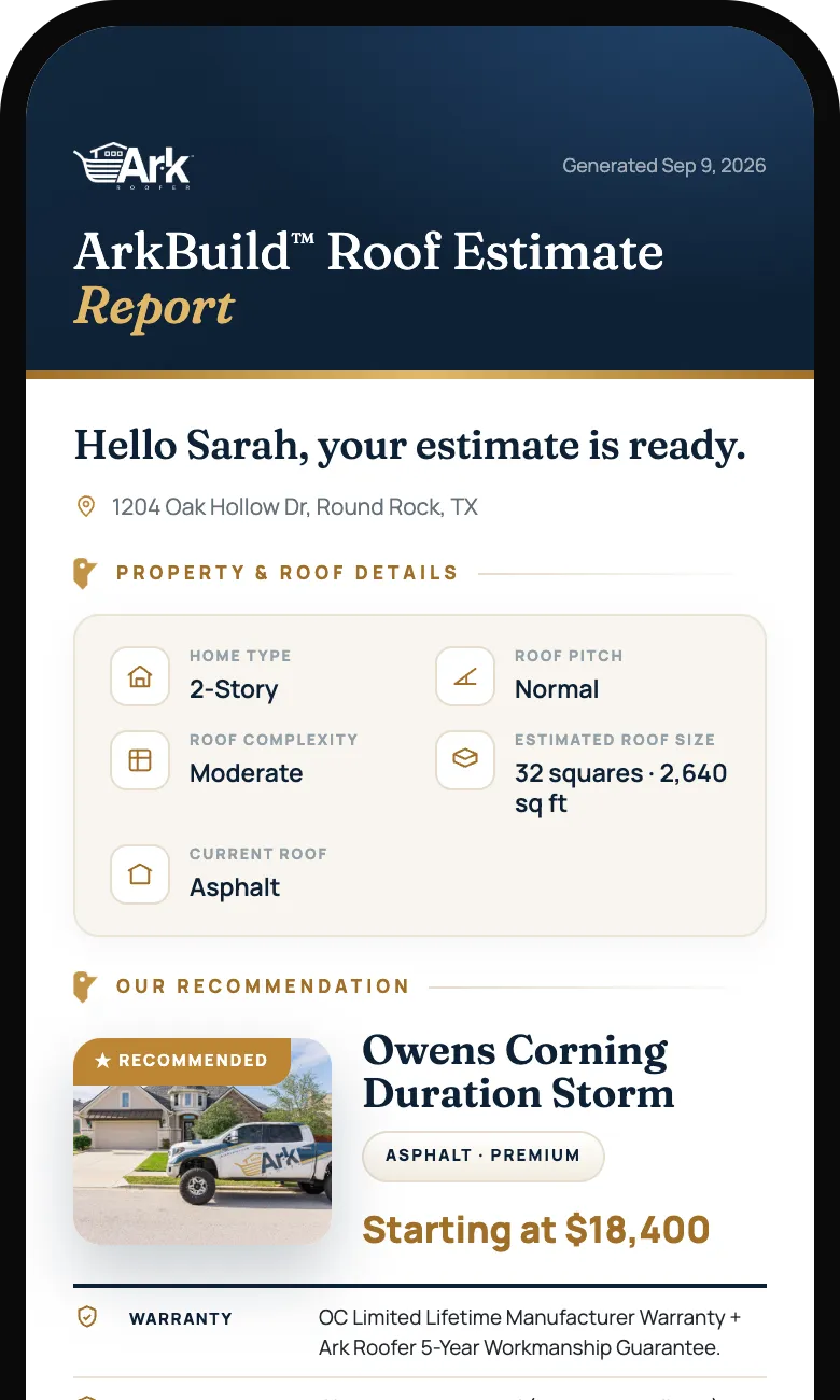 Sample ArkBuild report showing roof choices and estimated costs on a phone
