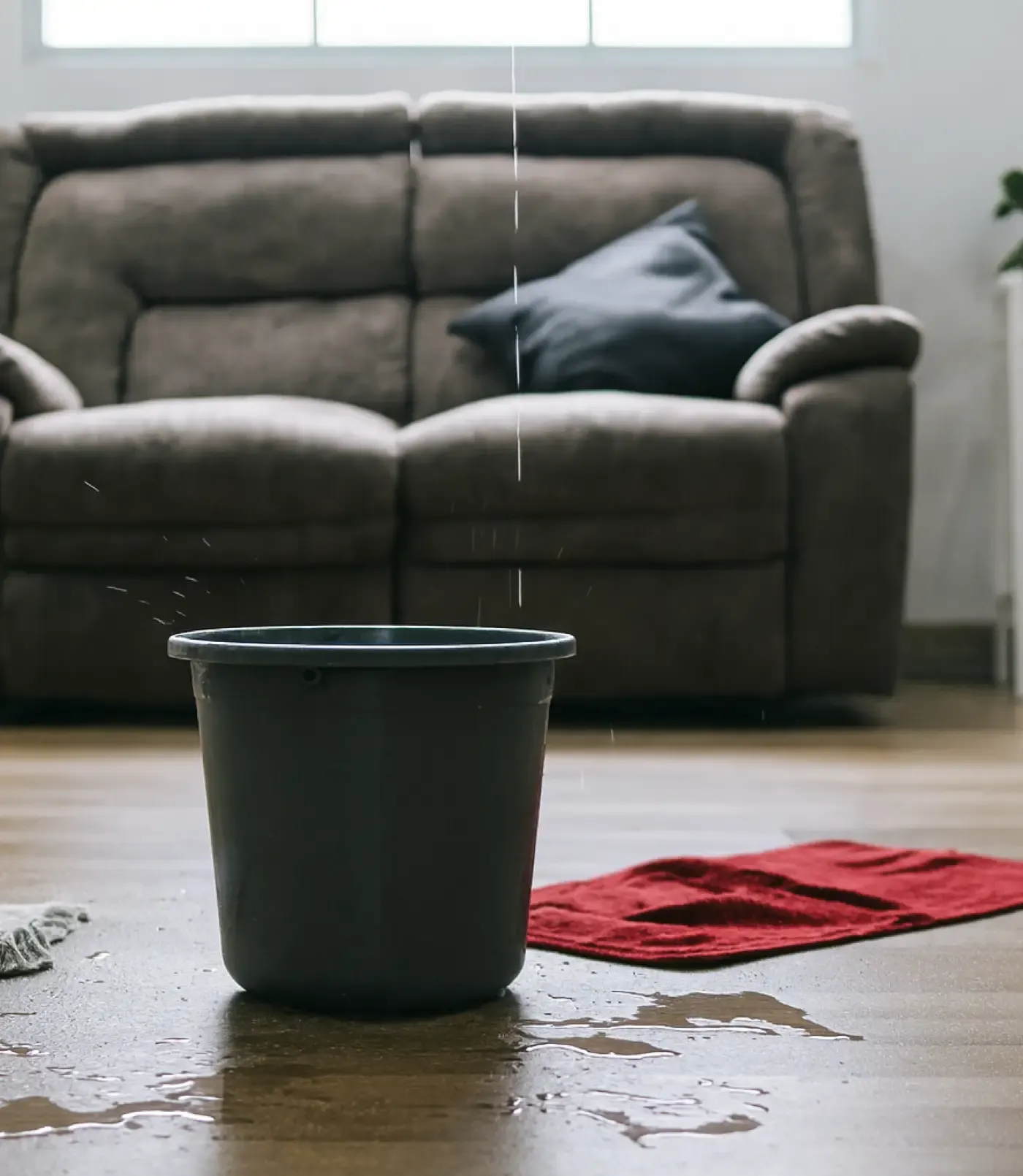 A bucket catching a roof leak in an Austin living room after a storm