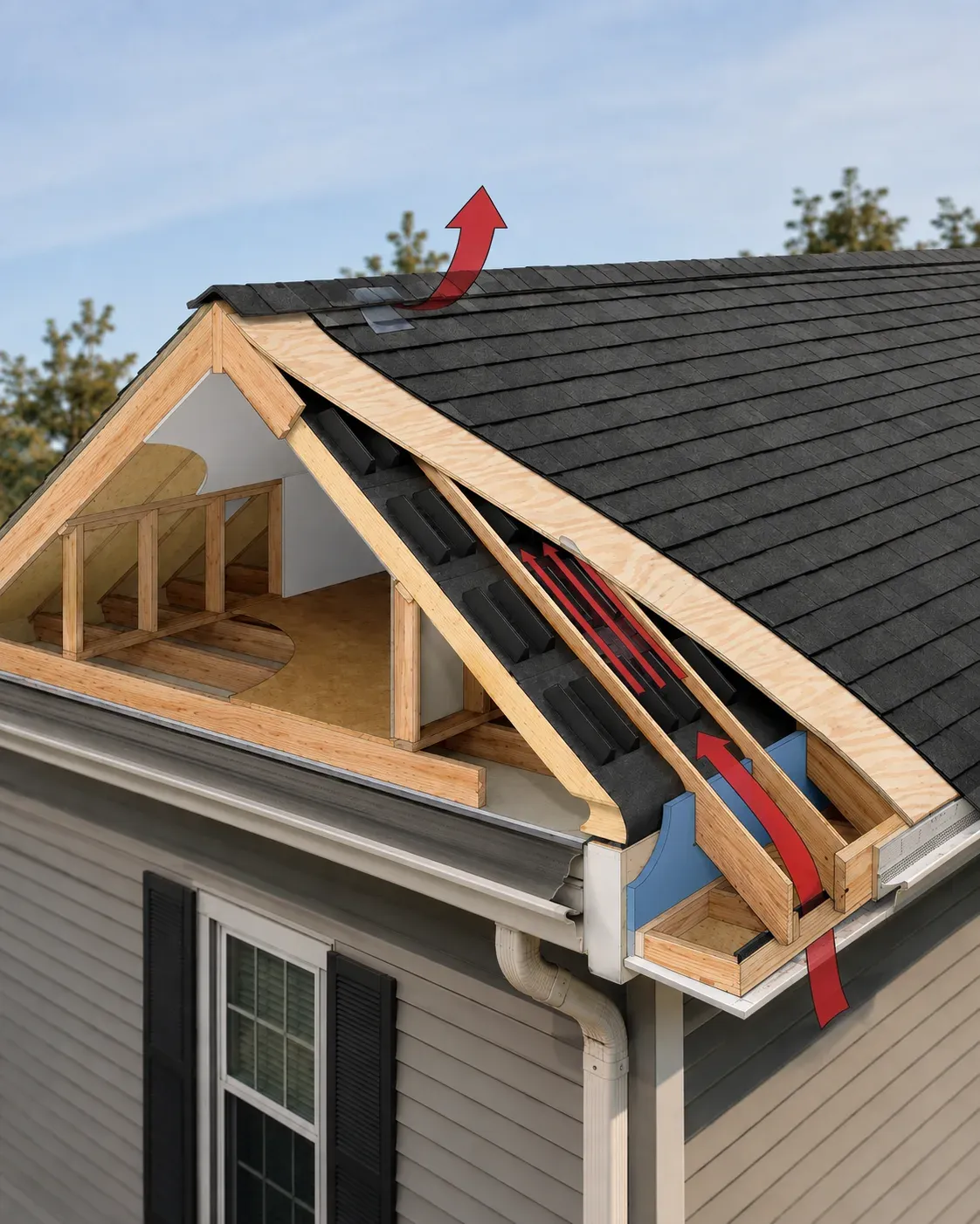 Cutaway diagram of balanced attic ventilation showing intake at the soffit and exhaust at the ridge