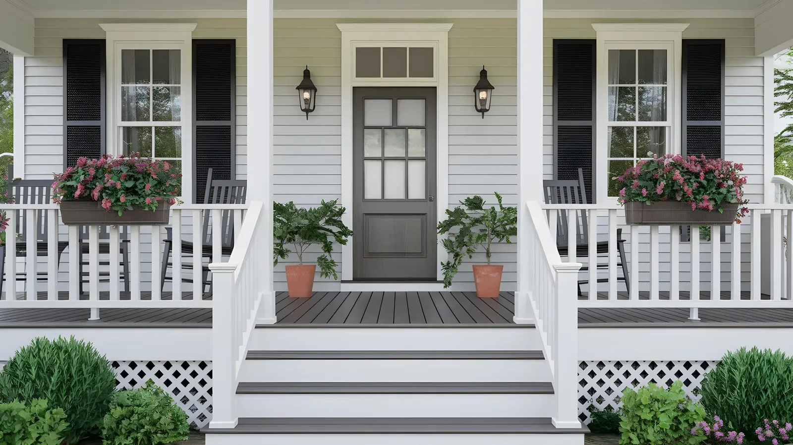 Freshly painted front porch with white columns, railings, and trim