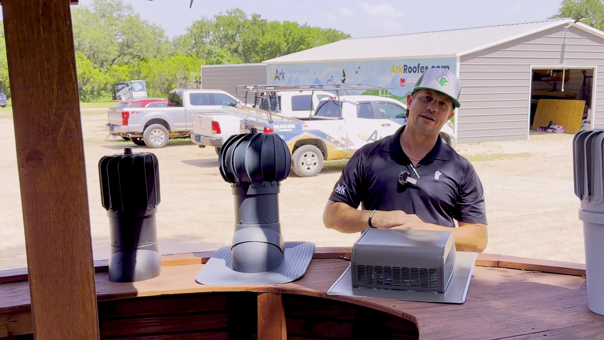 Luke Secora comparing static roof vents and turbine vents