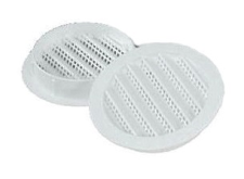 wo white, round, plastic vents with a perforated screen and raised ridges.