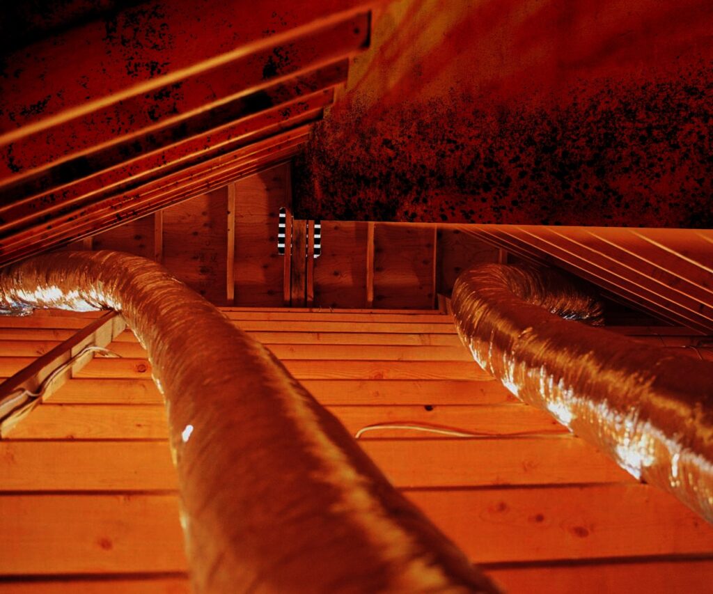 Attic space showing ductwork and mold on the ceiling.