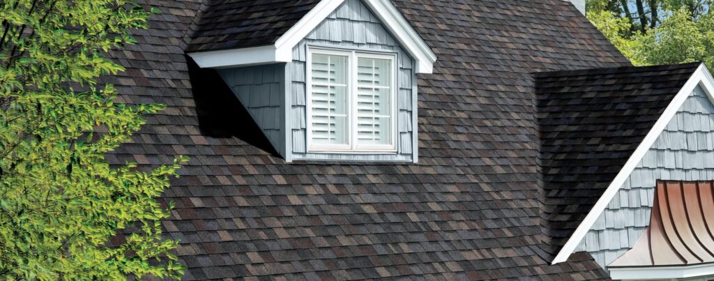 Close-up view of a house's dark shingle roof with dormer windows.