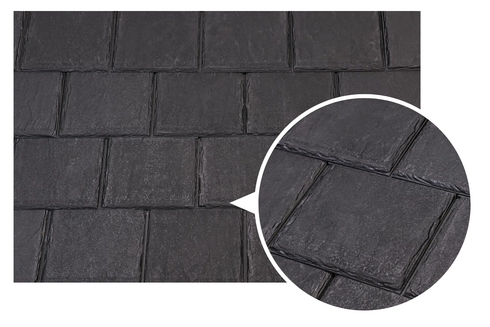 Close-up of classic slate roofing tiles with a zoomed-in section to show texture and detail.