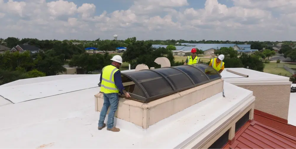 Workers inspecting a skylight on a flat roof during a roofing project.