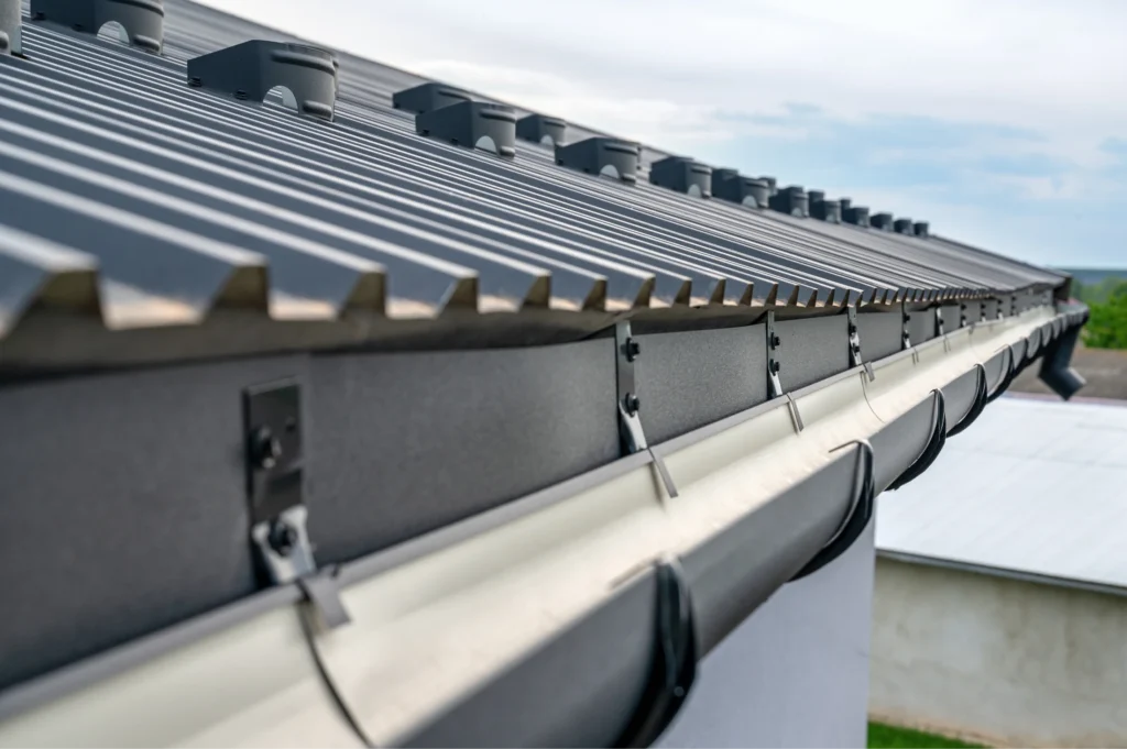 Metal roof with gutter system.