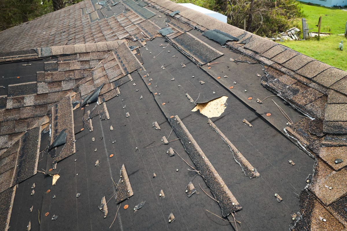 Damaged roof missing shingles.