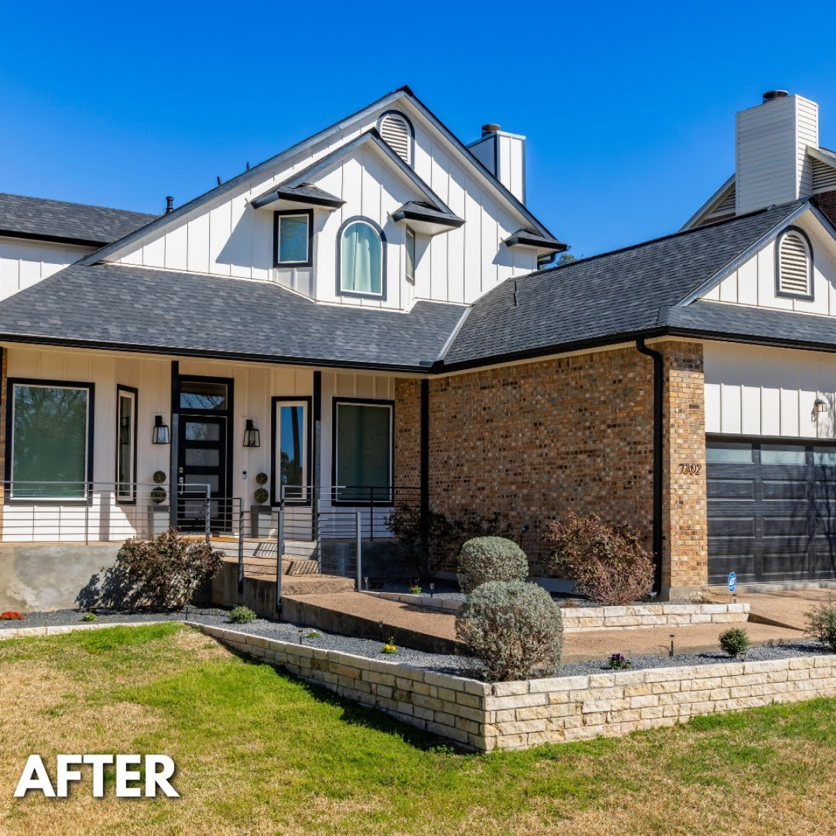 An "after" image of the same house painted white with black accents, updated landscaping, and improved curb appeal.