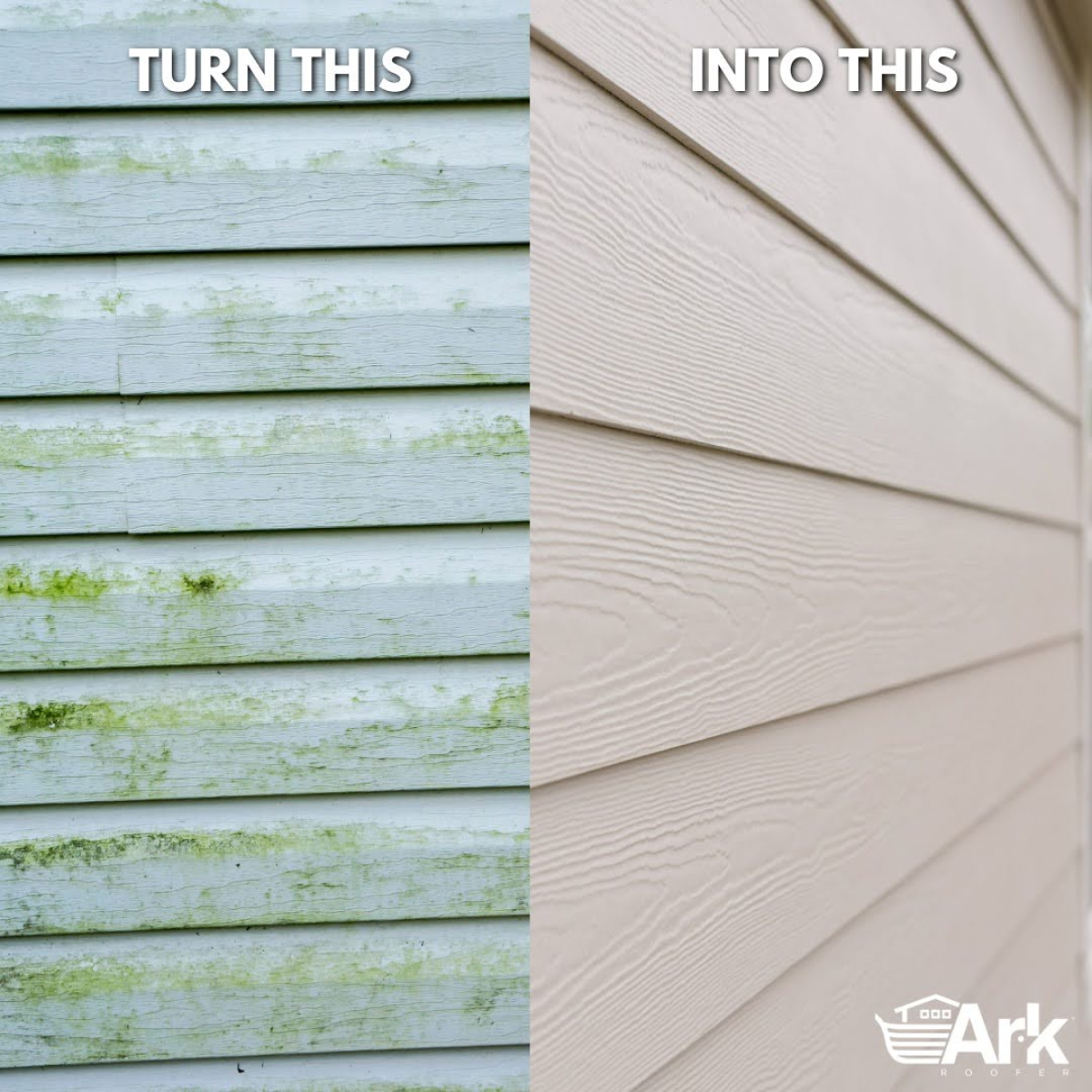 Side-by-side comparison showing dirty siding transformed into clean, fresh siding.